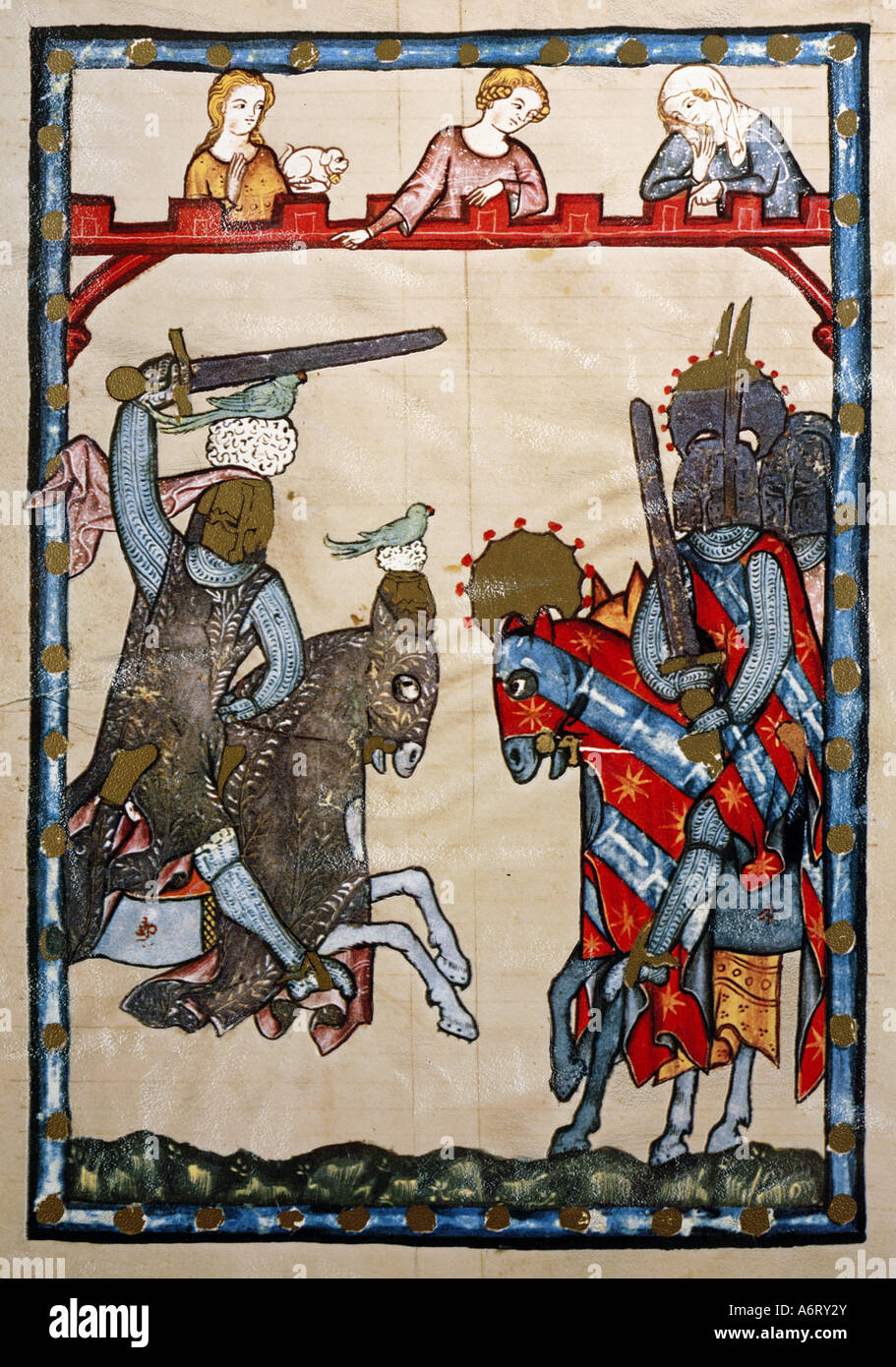 fine arts, middle ages, Gothic, illumination, Codex Manesse, Zurich, 1305 - 1340, Goesli von Ehenheim, covering colour on vellum Stock Photo