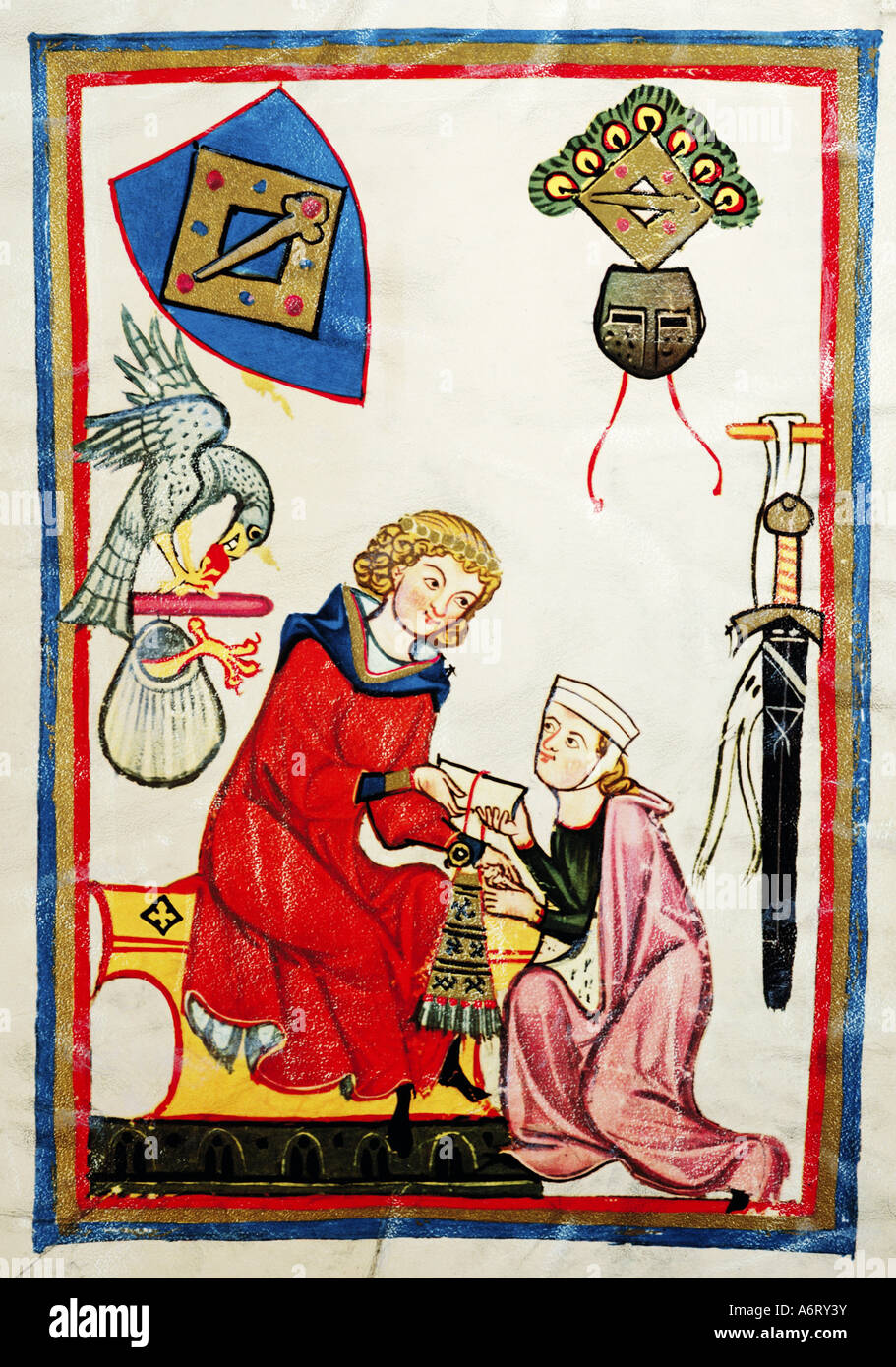 fine arts, middle ages, Gothic, illumination, Codex Manesse, Zurich, 1305 - 1340, Wilhelm von Heinzenburg, covering colour on ve Stock Photo