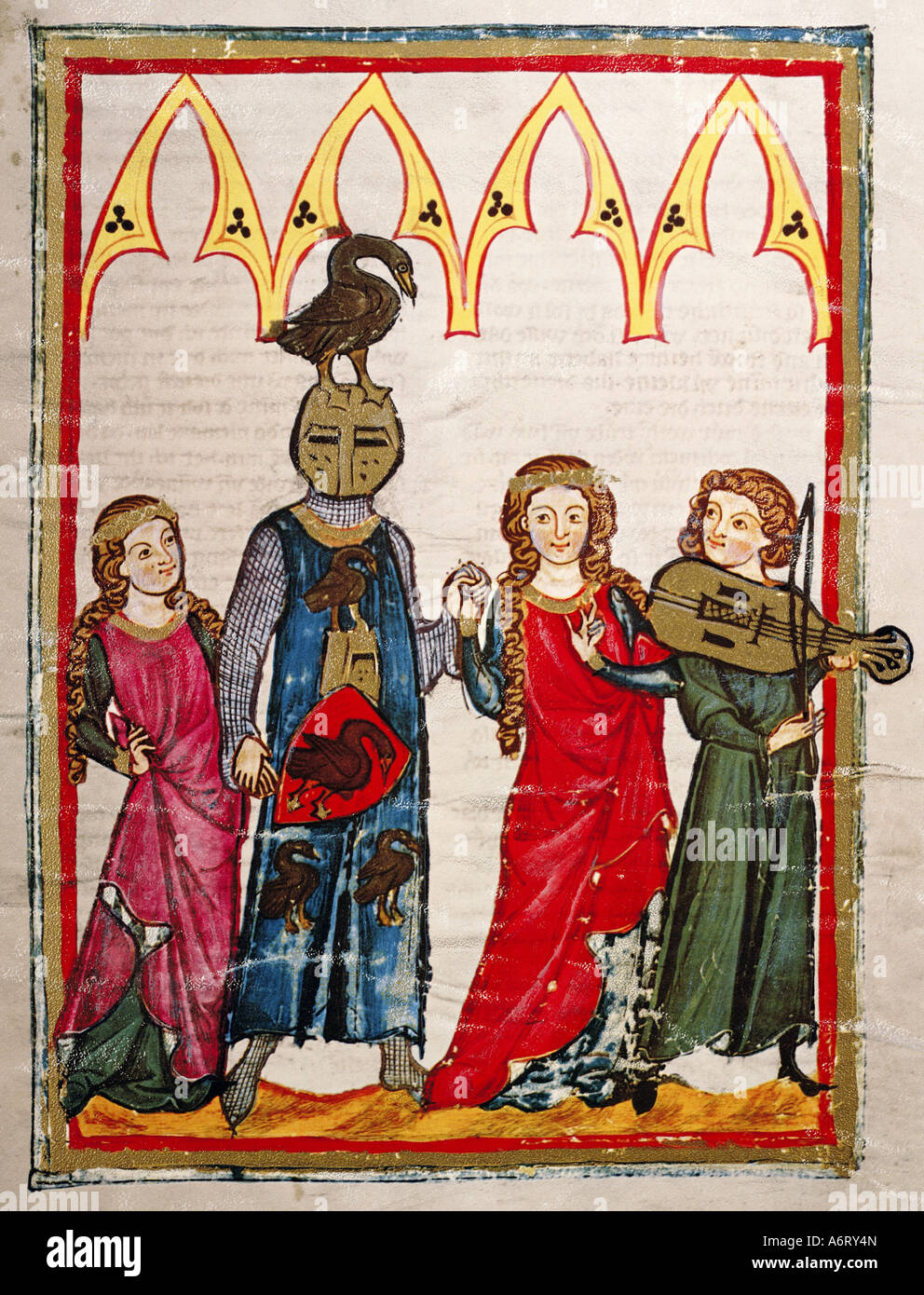 fine arts, middle ages, Gothic, illumination, Codex Manesse, Zurich, 1305 - 1340, Hiltbold von Schwangau, covering colour on vel Stock Photo