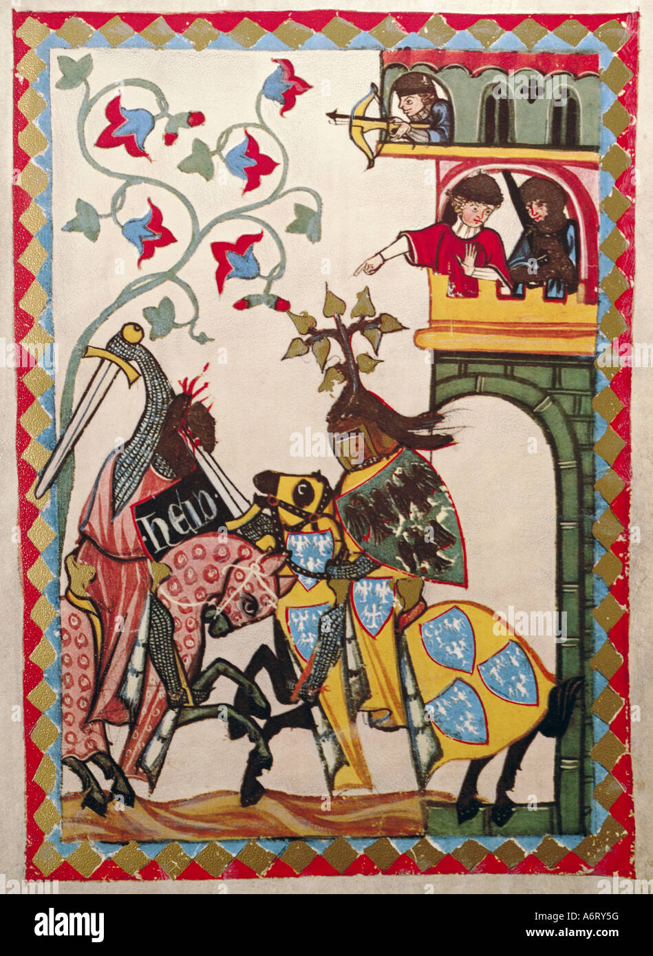 fine arts, middle ages, Gothic, illumination, Codex Manesse, Zurich, 1305 - 1340, Count Friedrich II von Leiningen (1201 - 1237) Stock Photo