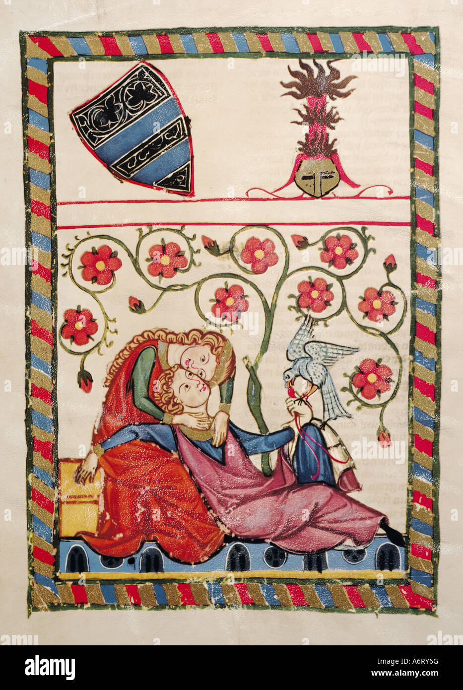 fine arts, middle ages, Gothic, illumination, Codex Manesse, Zurich, 1305 - 1340, Konrad von Altstetten, covering colour on vell Stock Photo