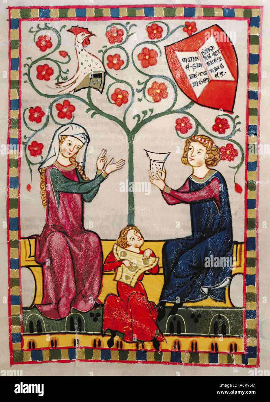 fine arts, middle ages, Gothic, illumination, Codex Manesse, Zurich, 1305 - 1340, von Buchheim, covering colour on vellum, Unive Stock Photo