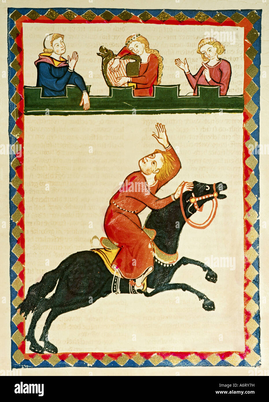 fine arts, middle ages, Gothic, illumination, Codex Manesse, Zurich, 1305 - 1340, wild Alexander, covering colour on vellum, Uni Stock Photo
