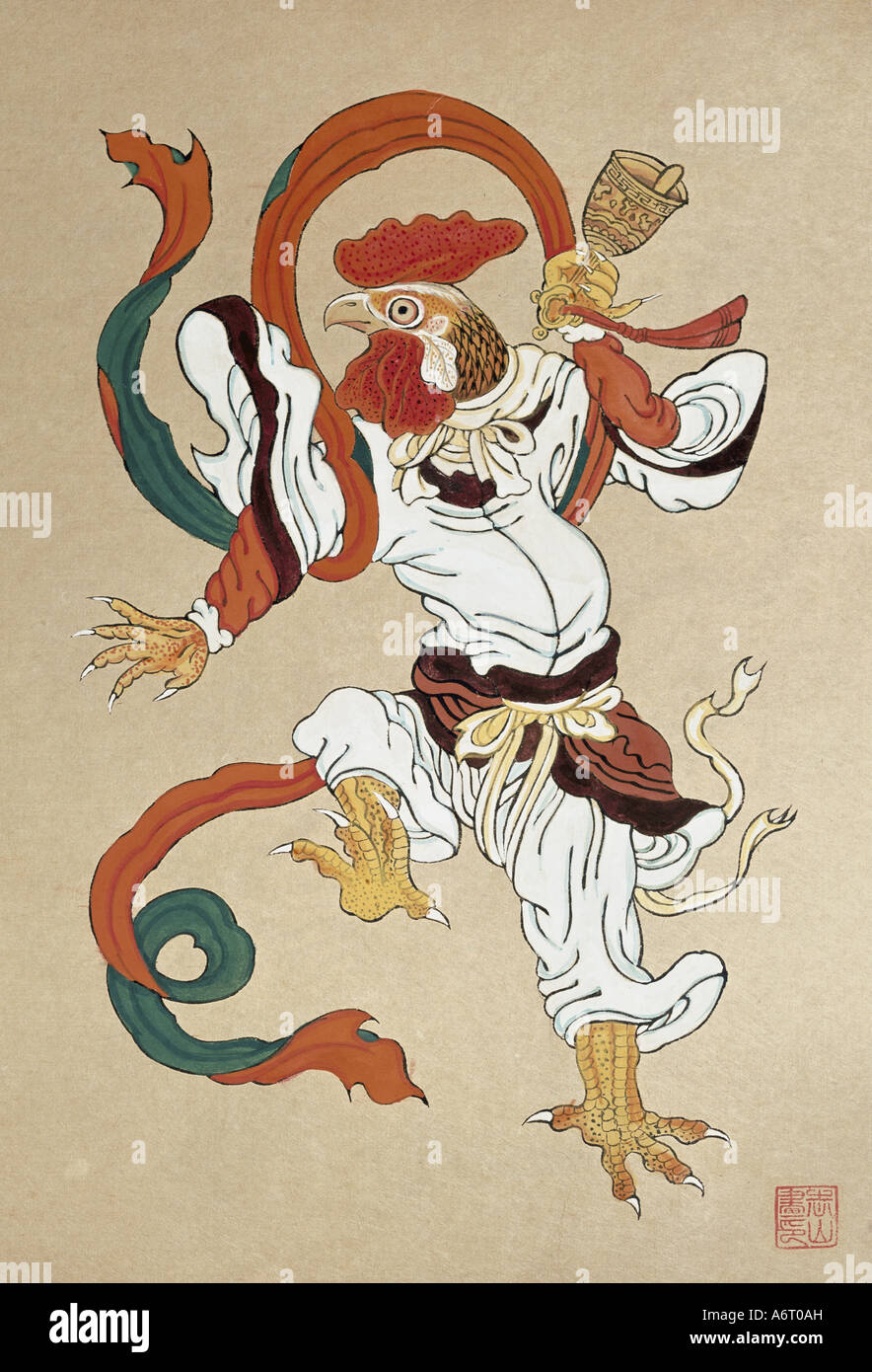 'fine arts, Korea, graphic, month Yu ('chicken'), coloured woodcut, circa 17th - 19th century, private collection, symbol, vig Stock Photo