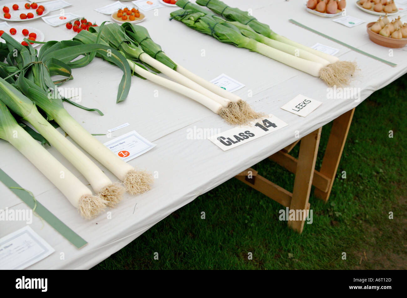 Home grown vegetables leeks on table in village fair Harrow Stock Photo