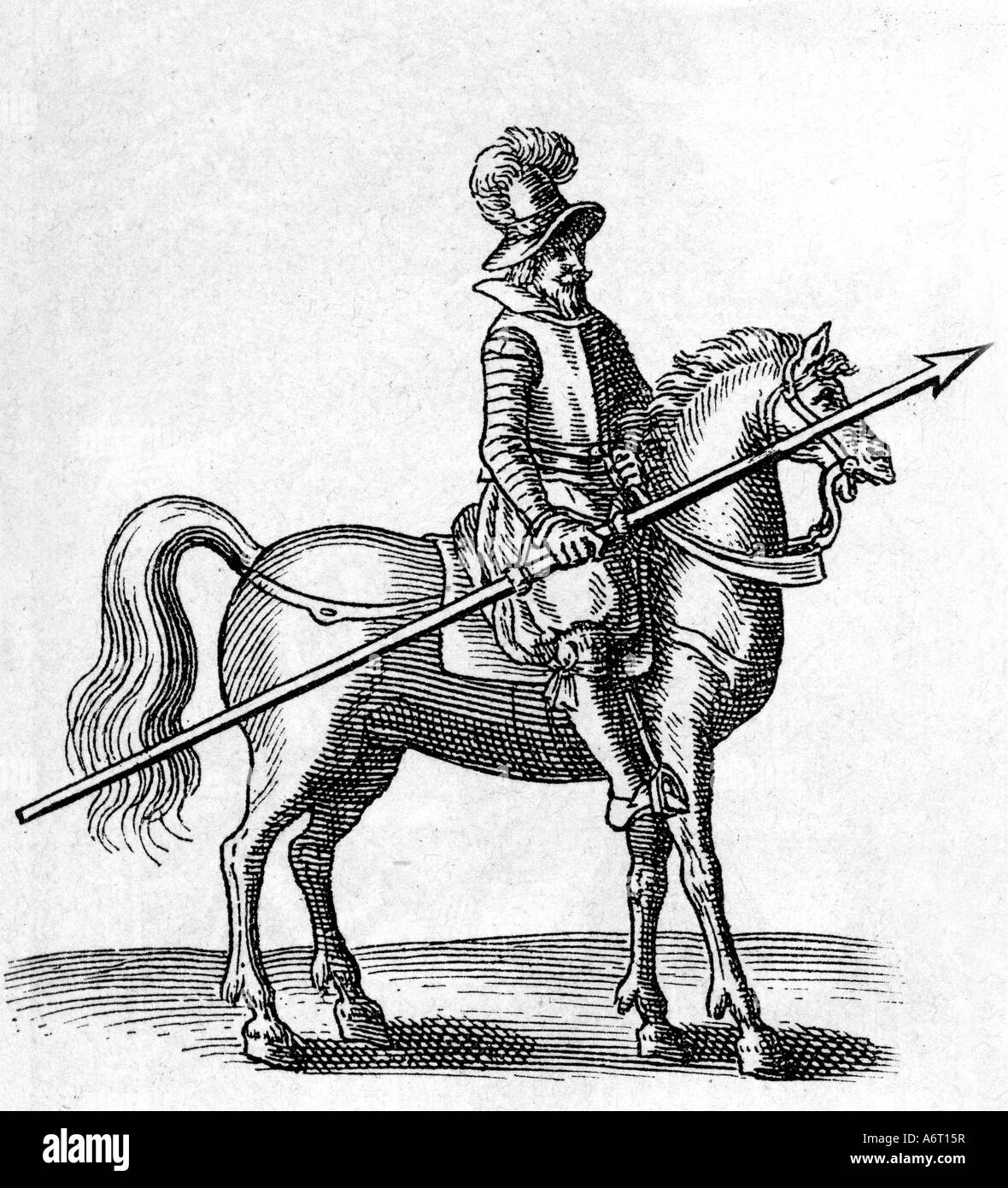 military, cavalry, lancer, engraving, 'The art of War on horseback' by Johann Jakob von Wallhausen, Frankfurt am Main 1616, Stock Photo