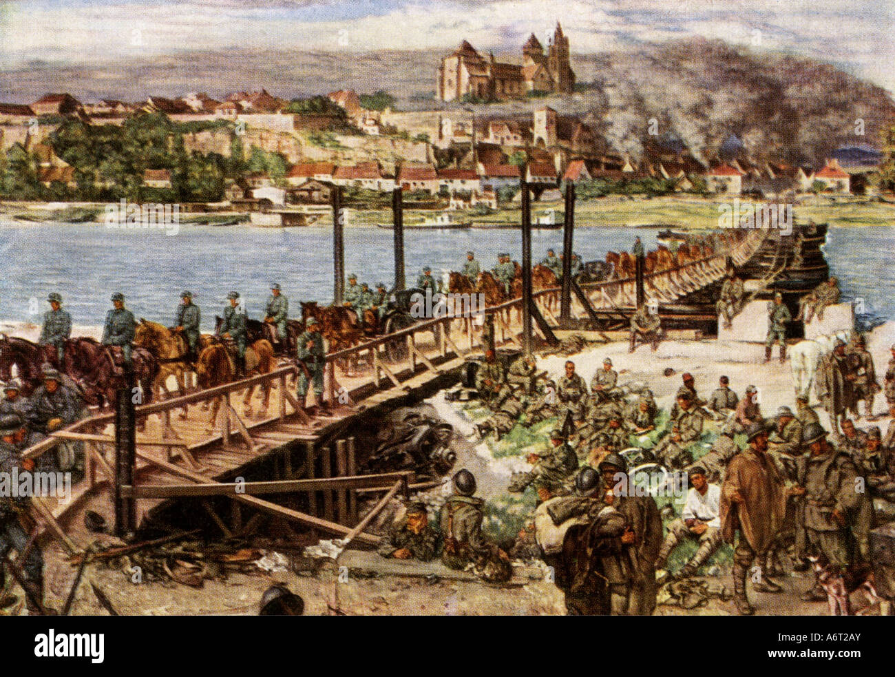 National Socialism, fine arts, painting, Albert Janesch: 'Rheinübergang bei Breisach', circa 1941, Haus der Deutschen Kunst, Munich, postcard, crossing the  Rhine at Breisach, Wehrmacht, army, artillery, French POWs, prisoners,  France 1940, Second World War, WWII, propaganda, Nazi Germany, Third Reich, 20th century, , Stock Photo