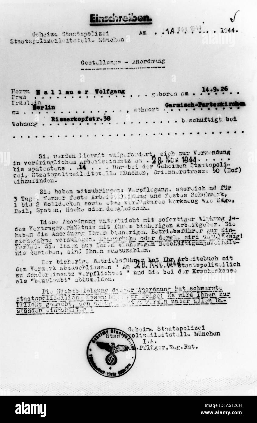 National Socialism, organisations, police, Secret State Police, summons to join for Hallhauer from Garmisch-Partenkirchen, Munich, 14.11.1944, Stock Photo