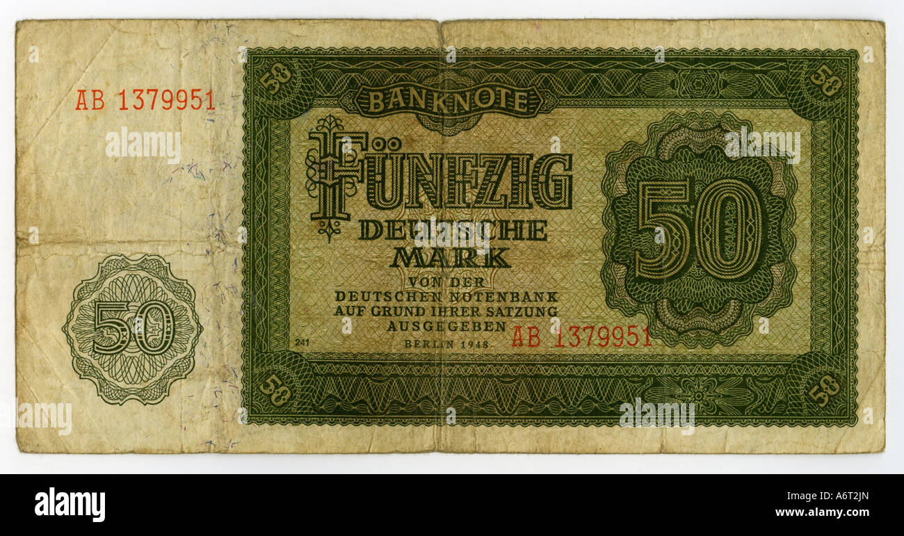 money/finance, bank notes, East Germany, 50 Mark bank note, Deutsche Notebank, East Berlin, 1948, Stock Photo