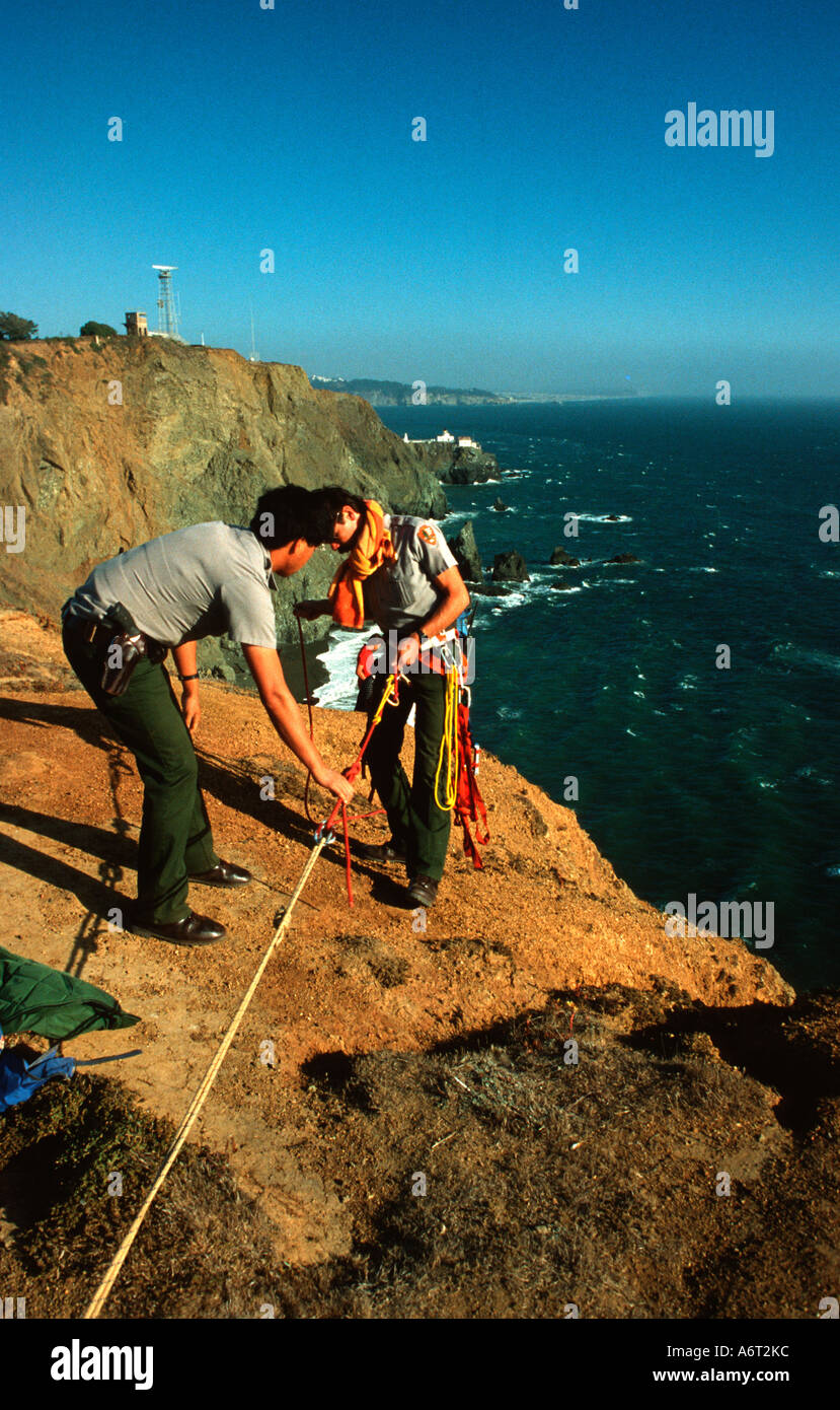 Park rangers performing cliff rescue at Point Bonita Marin Headlands ...