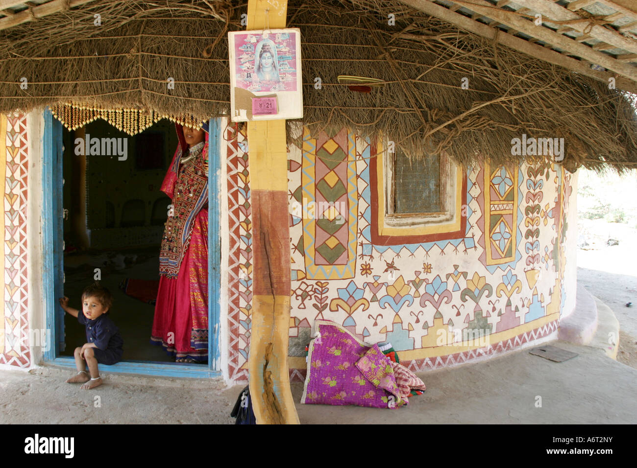 Traditionaly painted Meghwal Bhirindiyara tribal houses  in a Banni Villaage ,Gujarat,India. Stock Photo