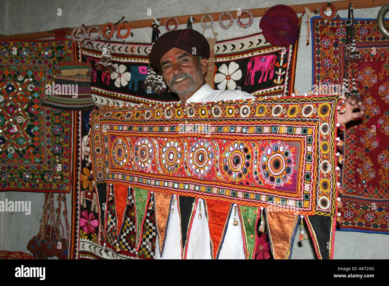 Example of  traditional embroidery made by  a member of the Rabari Tribe in `the Litttle Rann of Kutch,Gujarat,India. Stock Photo