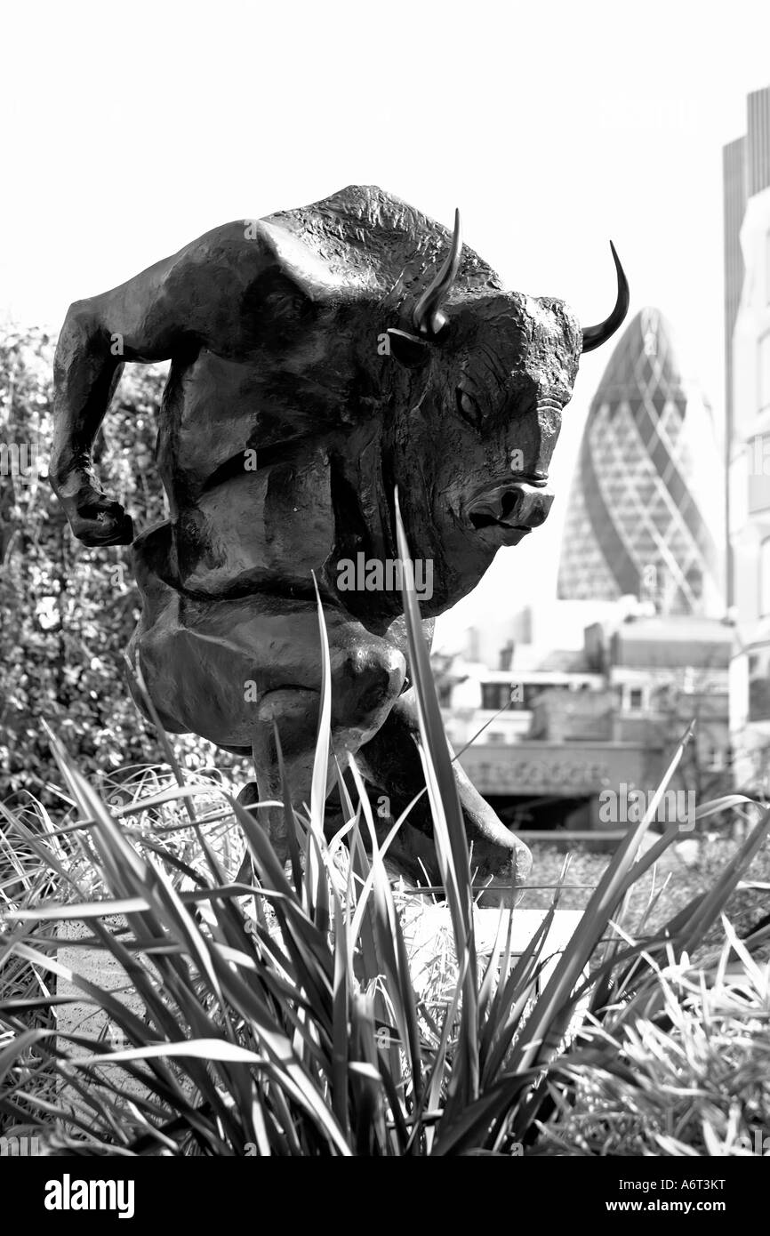 Minotaur Sculpture and The Gherkin. The City, London, England, UK Stock Photo