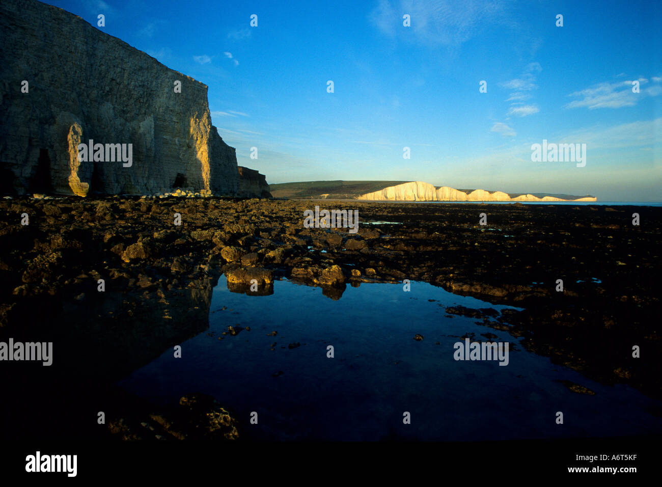 Seven Sisters white chalk cliffs summer evening light East Sussex England UK United Kingdom GB Great Britain British Isles Stock Photo