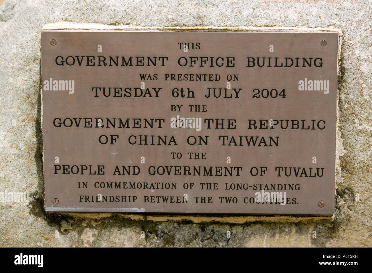 A plaque on the new Tuvaluan parlaiment building built with funds from Taiwan, Funafuti Stock Photo