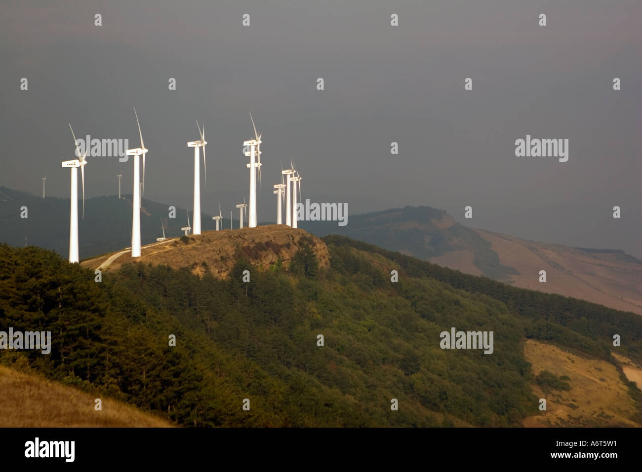Wind farm, Alto de Perdon, Spain Stock Photo