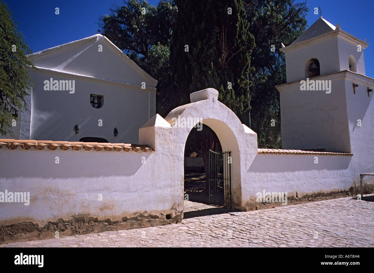 Beautiful old white washed church in Uquia in Northern Argentina dating back to Spanish colonial times Stock Photo