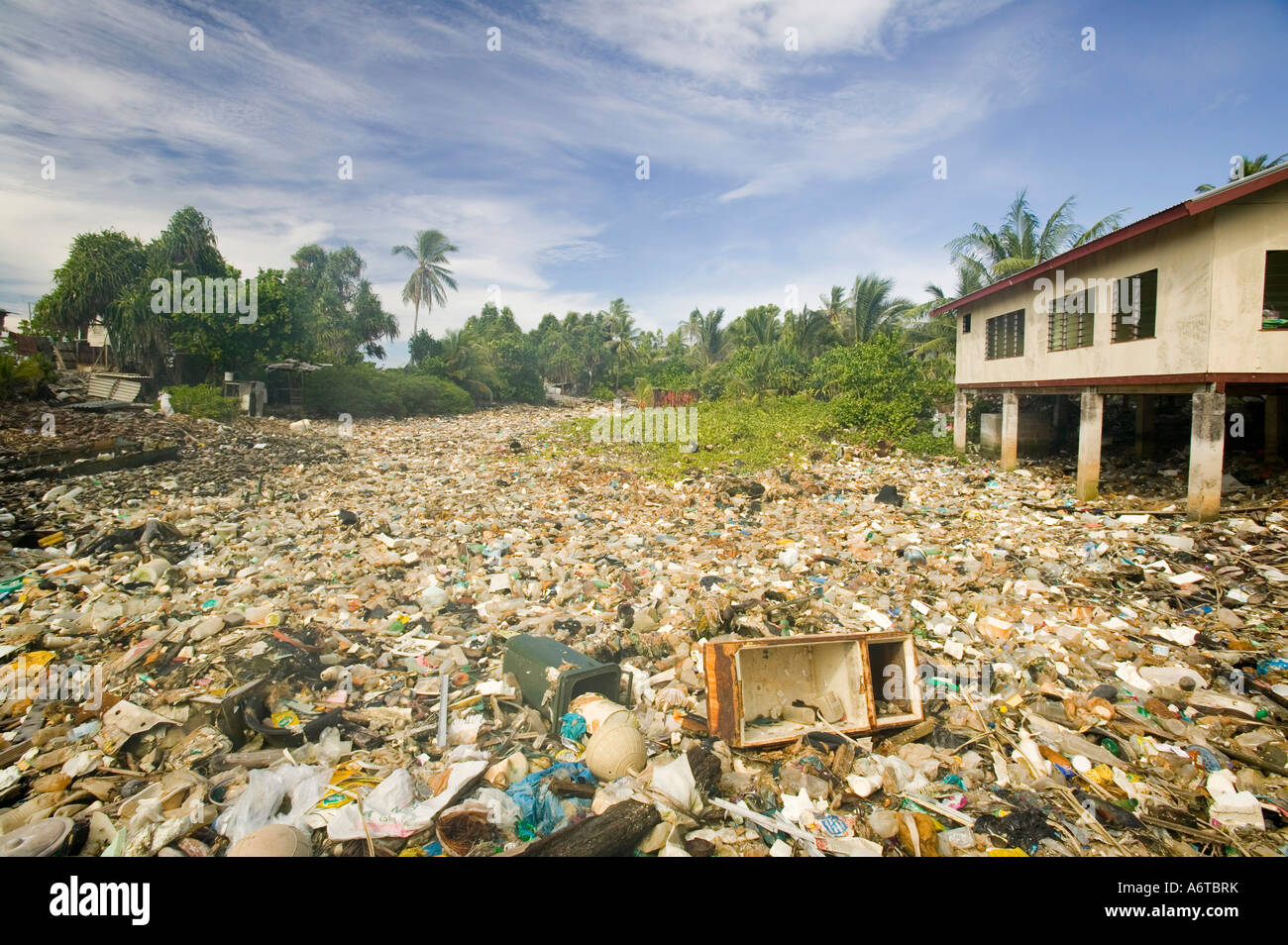 Plastic rubbish discarded in a lagoon on Funafuti, Tuvalu Stock Photo