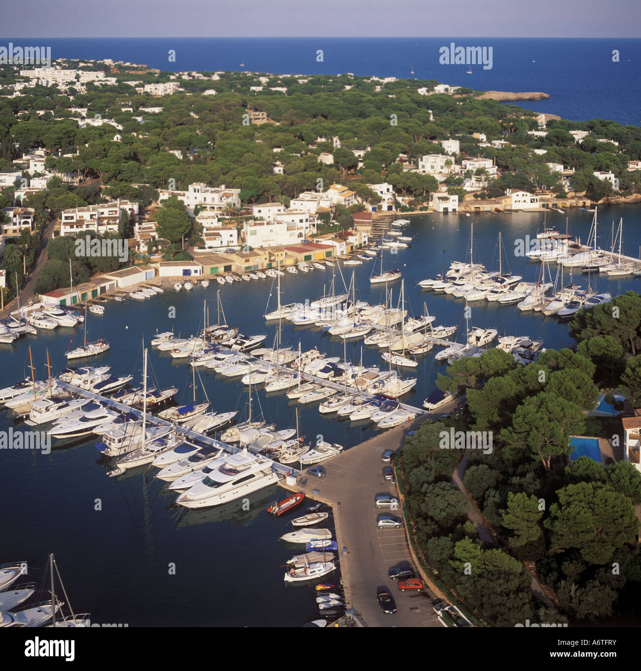 Aerial view looking North East over the marina of Cala D'Or, Santanyi, East Coast Mallorca, Balearic Islands, Spain. 20th Septem Stock Photo