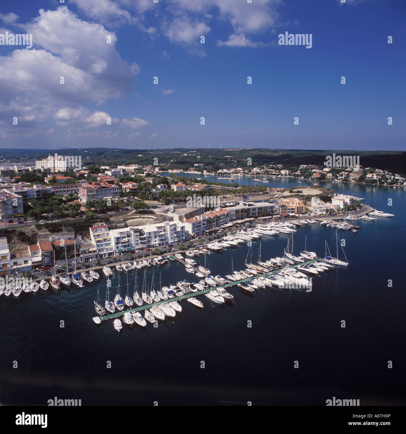 Aerial image - looking North East over the marina and berths of the Real Club Nautica de Mahon, Menorca Stock Photo