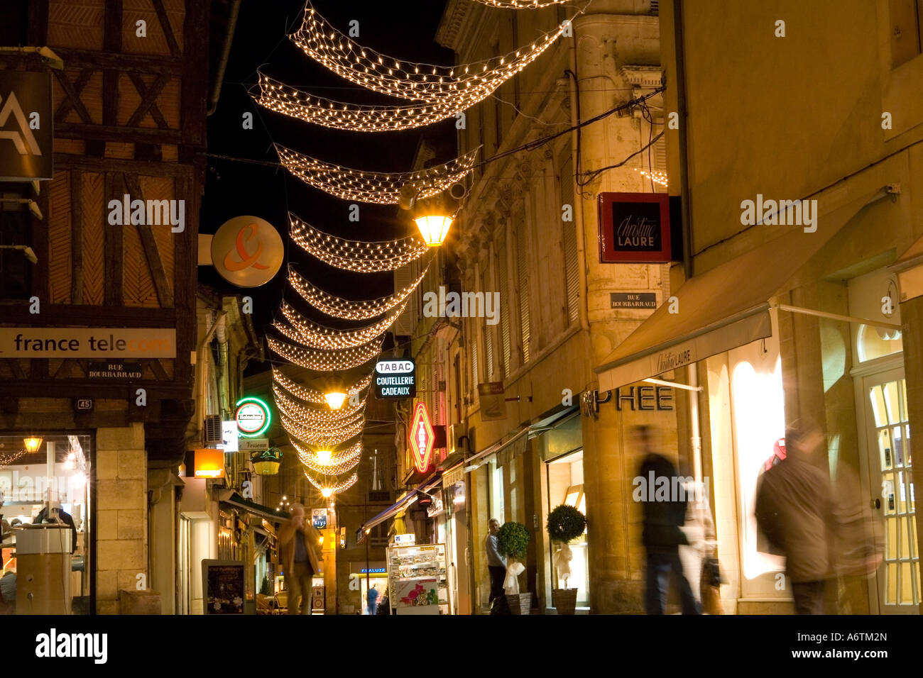 Shops and Christmas decorations Bergerac Dordogne France Europe Stock