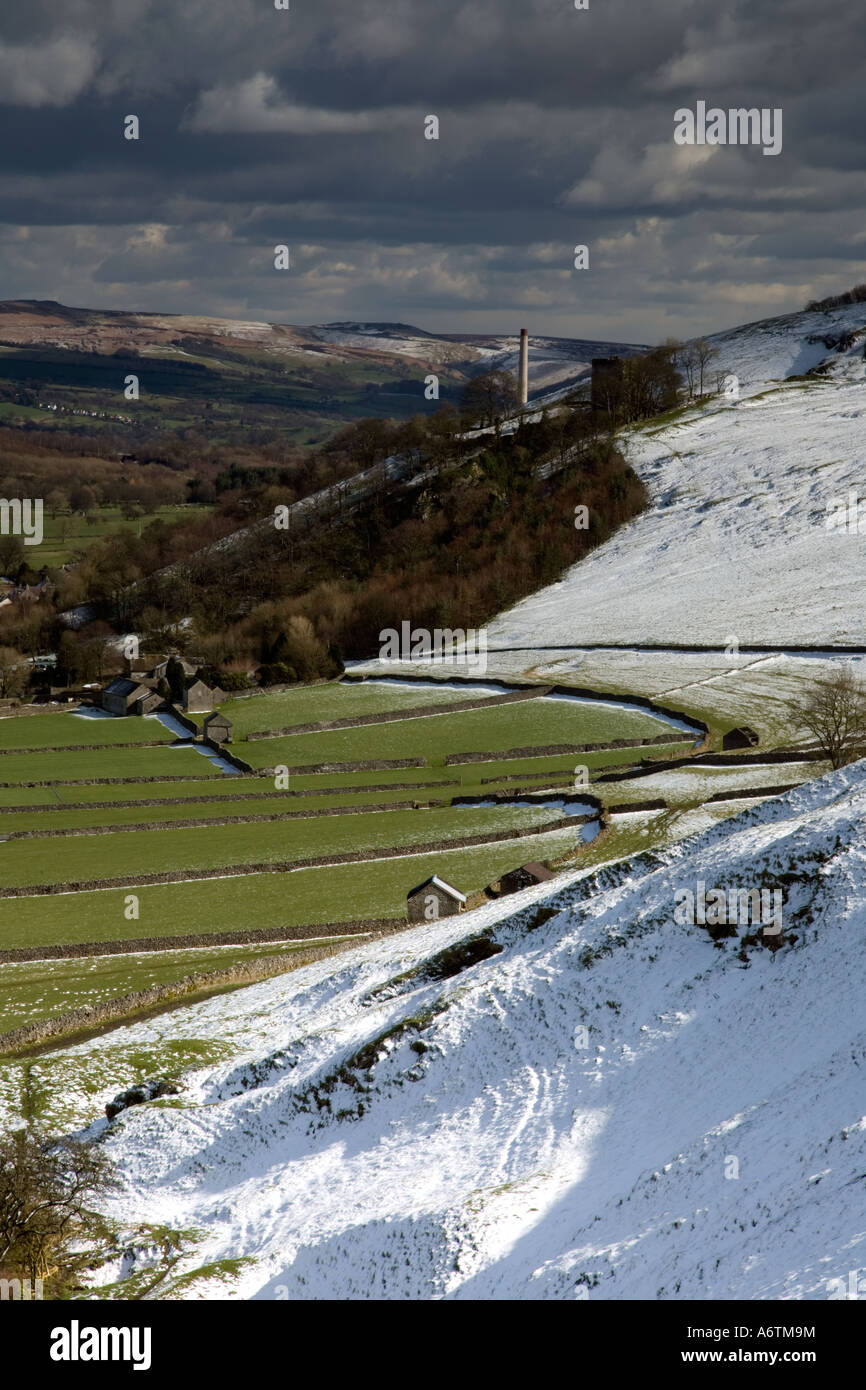 Snow covered hillsides of Castleton in the Peak District National Park