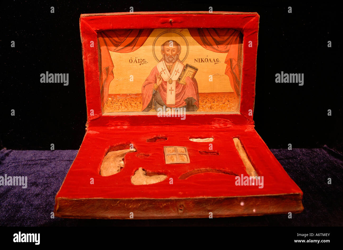 Relics of St Nicholas ( Noel Baba) in a small box displayed at Antalya Archeological Museum located in Konyaaltı, Antalya Turkey Stock Photo
