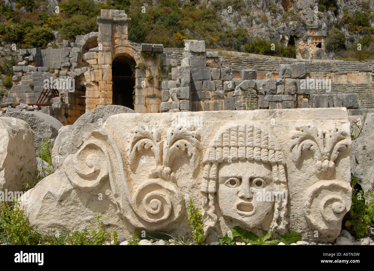 Carved relief at the ruins of Myra an ancient Greek town in Lycia where the town of Kale or Demre is today, located in Antalya Province of Turkey Stock Photo