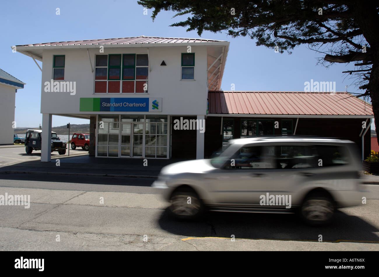Exterior of the Standard Chartered Bank, Ross Road, Stanley, capital of