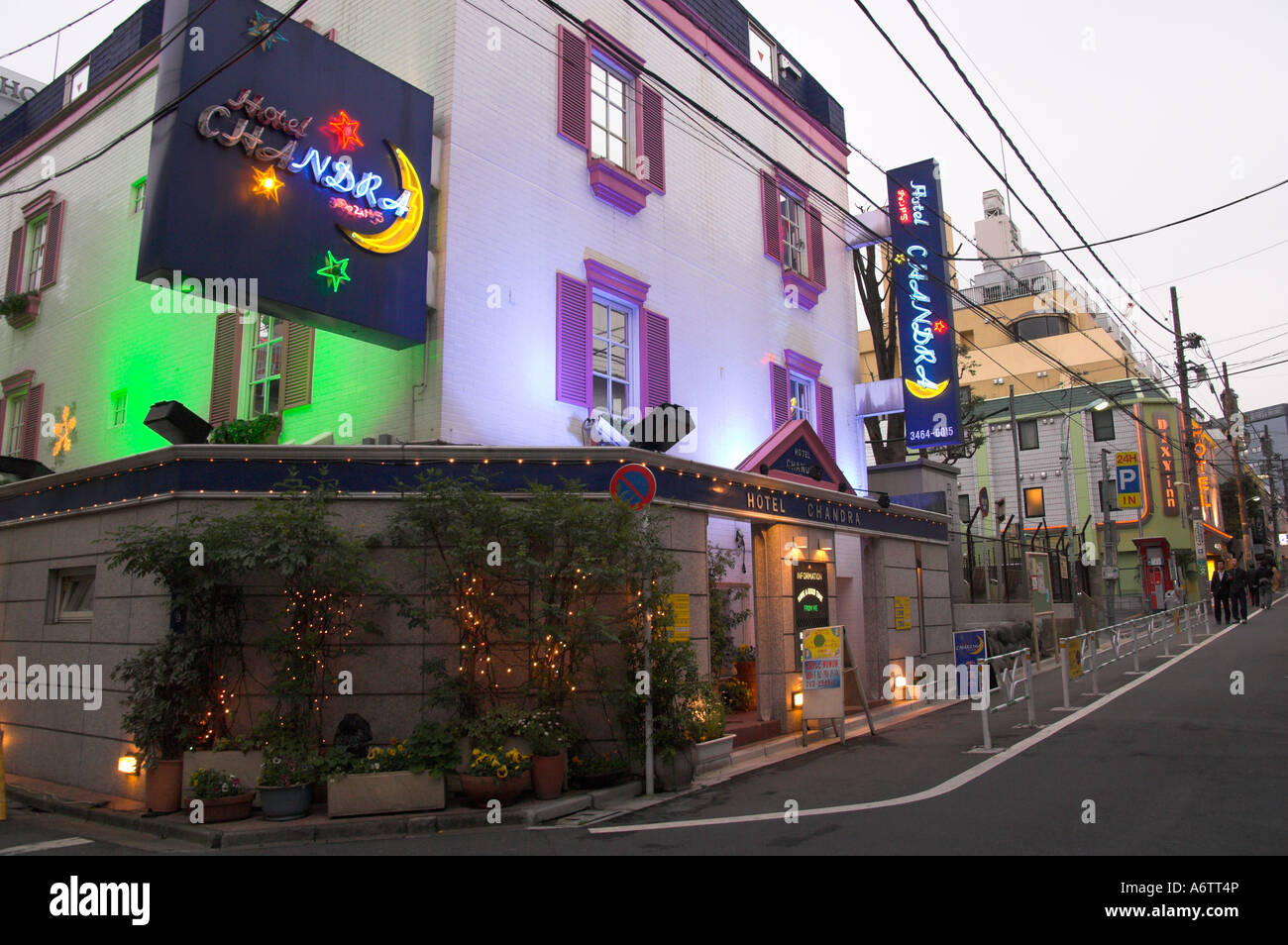 Japan Honshu Tokyo Shibuya Dogenzaka Love Hotels view at dusk of a street with row of love hotels Stock Photo
