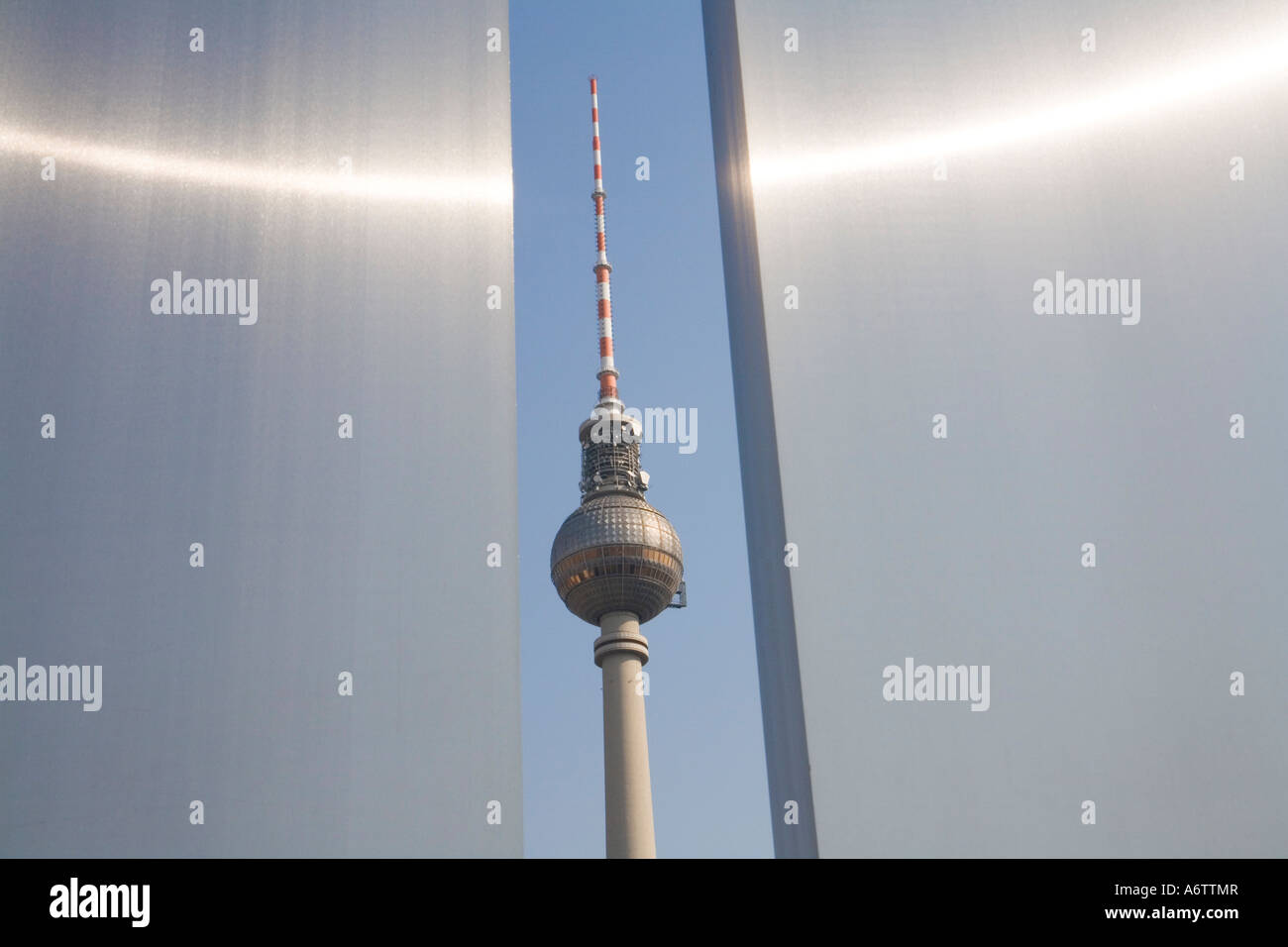 TV tower, seen through a gap between two info boards of Marx Engels forum, Berlin, Germany, Europe Stock Photo