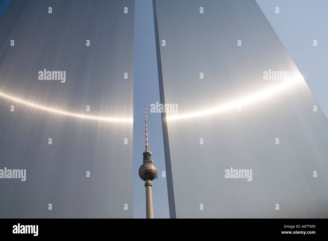 TV tower, seen through a gap between two info boards of Marx Engels forum, Berlin, Germany, Europe Stock Photo