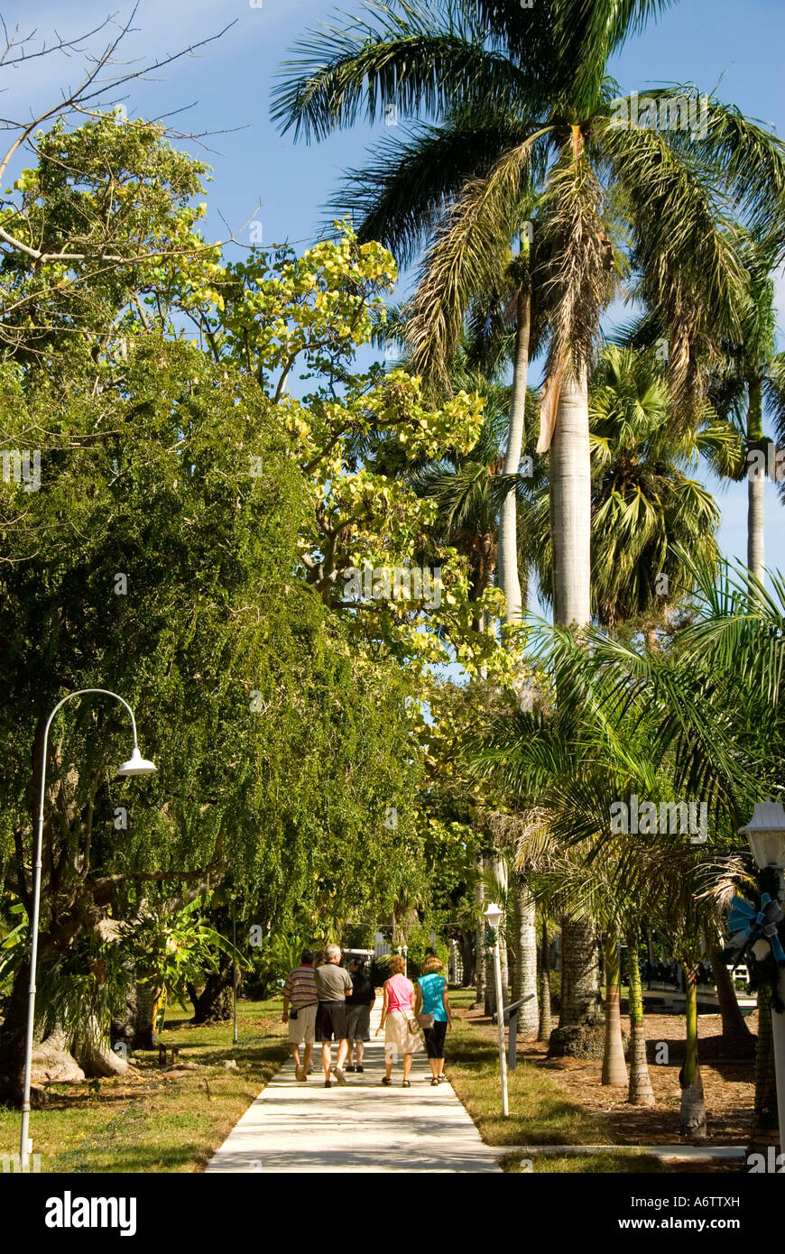 Thomas Edison winter home estate with tourists on botanical gardens walkway Fort Myers Florida Stock Photo