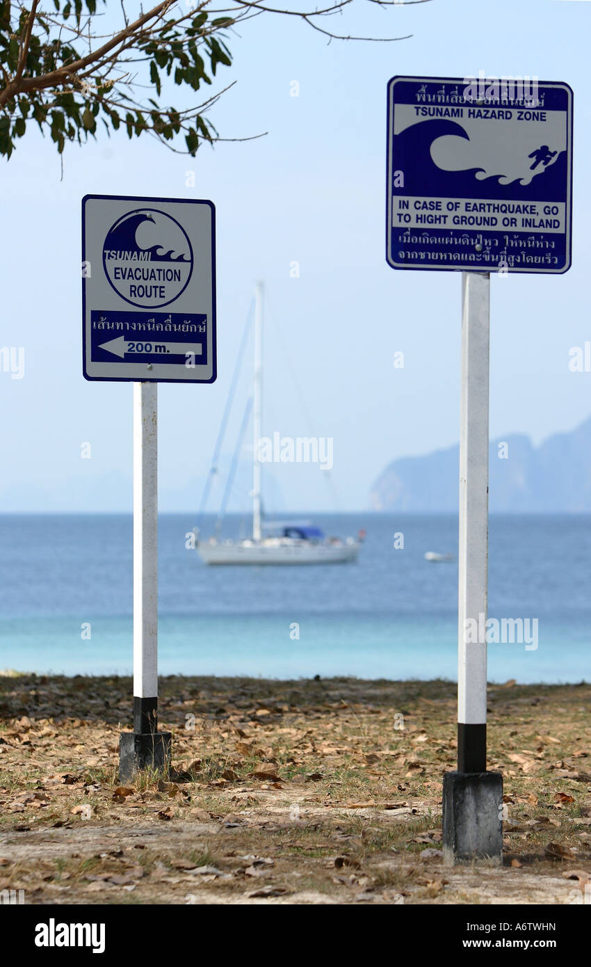 Tsunami danger signs and advice for evacuating people from the coast of the Andaman Sea in South of Thailand, Asia Stock Photo