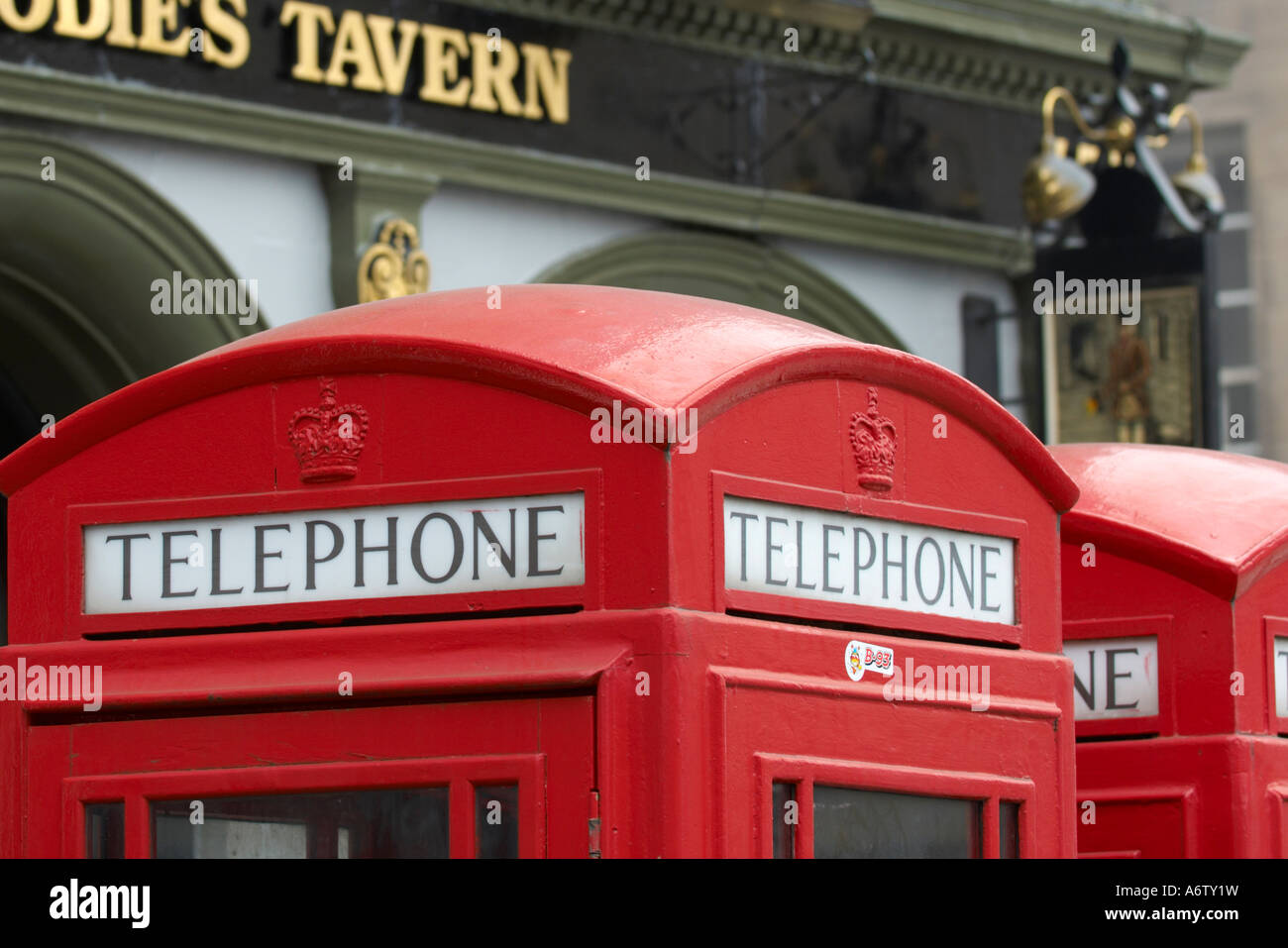 Traditional K2 red Telephone boxes in Edinburgh Old Town Stock Photo