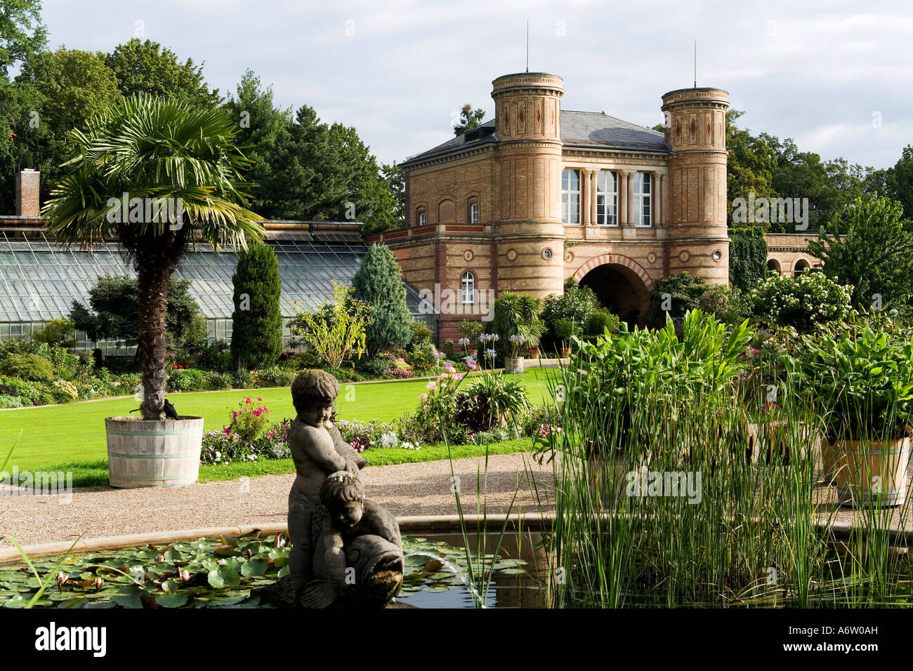 Botanical gardens with old gate building, castle grounds, Karlsruhe, Baden-Wuerttemberg, Germany Stock Photo