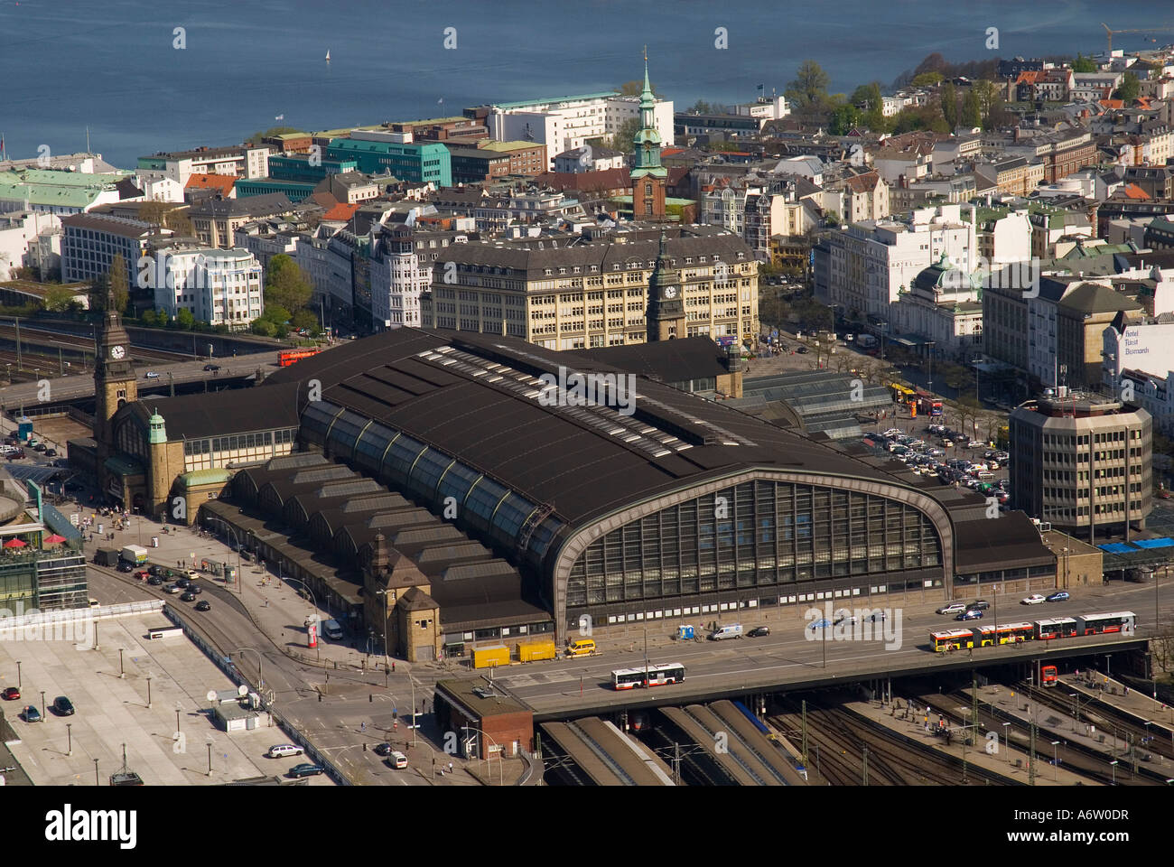 Arial view over central station Hamburger Hauptbahnhof and St. Georg district, Hamburg Germany Stock Photo