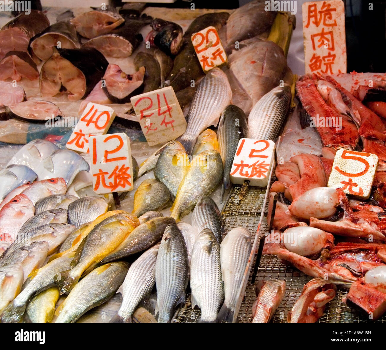 Produce on Fish Market Stall, Wan Chai Market, Hong Kong, China, Asia Stock Photo