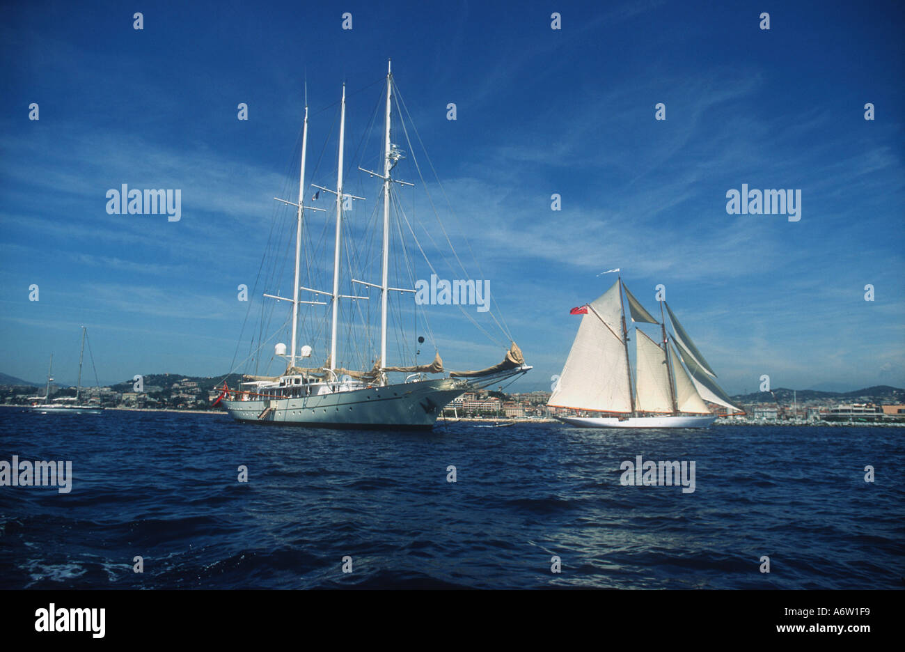 Three masted staysail Schooner Aquarius W and Gaff schooner Altair off the French Mediteranean coast near Nice Stock Photo