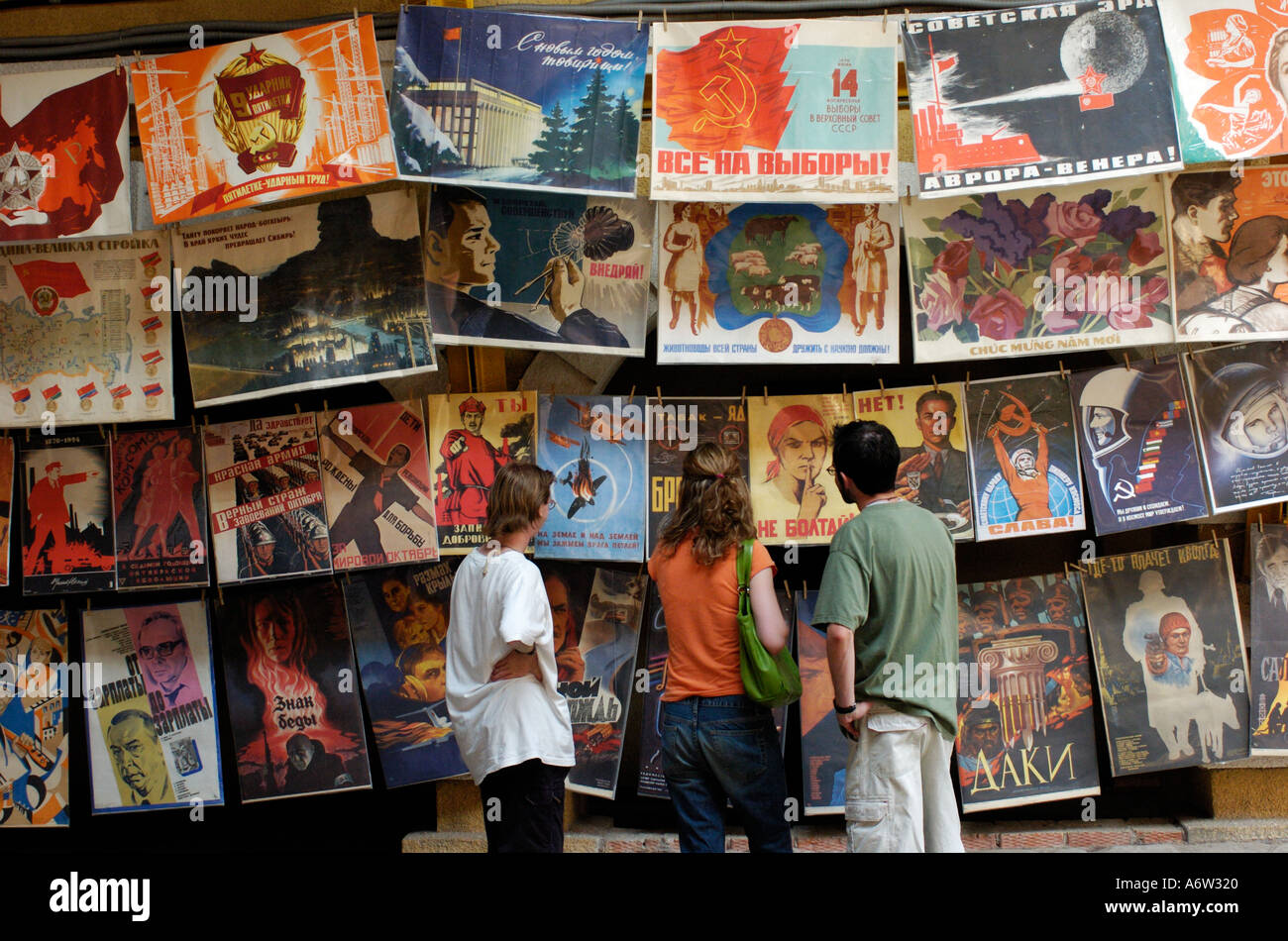 Old Soviet union era posters for sale to tourists in Moscow Russia Stock Photo