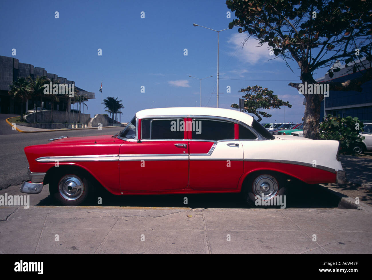Cuba Havana Vintage Red American Car Parked In The Street Side View Stock Photo Alamy