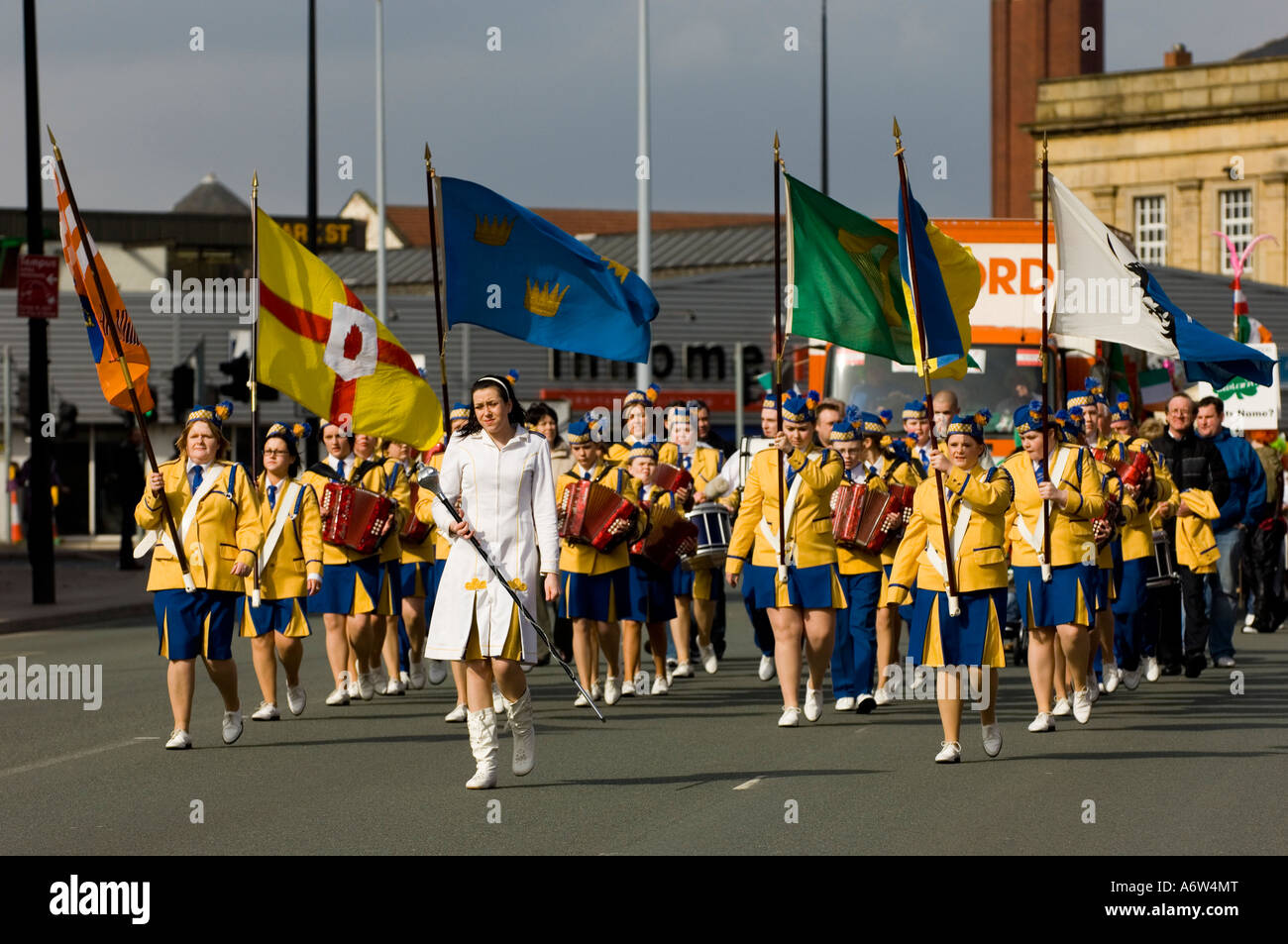 Marching band walking in the St.Patrick's day parade Manchester UK