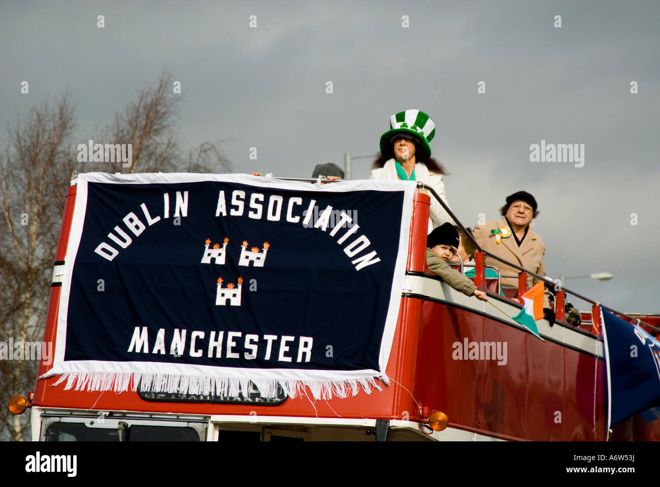 Bus with Dublin Association sign on St.Patrick day Parade Manchester UK Stock Photo