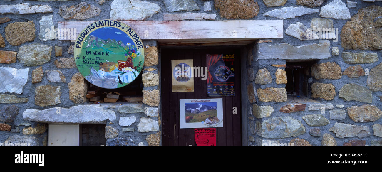 Entrance to a mountain Fromagerie in the alps above La Plagne in Savoie France Stock Photo