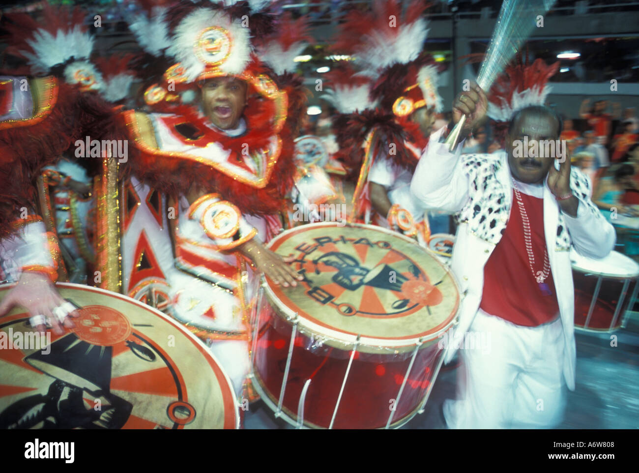 Rio de Janeiro Carnival Samba School Parade Brazil Drummers playing samba  bateria wearing costumes Stock Photo - Alamy