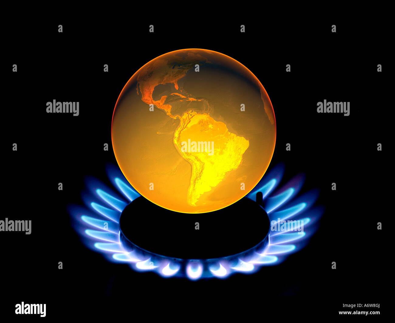 Earth globe with flames, symbol for global warming, climate change Stock Photo