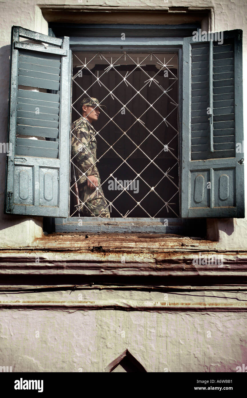 Military look out at Kathmandu s Durbar Square Nepal Stock Photo