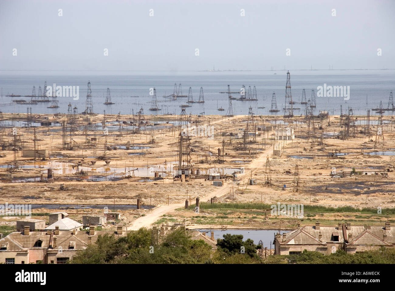 An oil field by the Caspian Sea on the edge of Baku, Azerbaijan