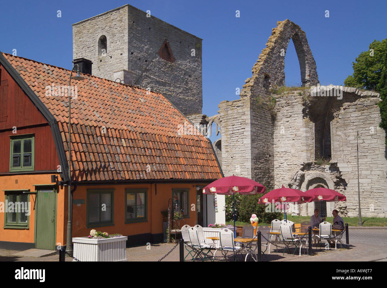 Cafe and Church Ruin Visby Gotland Sweden Stock Photo