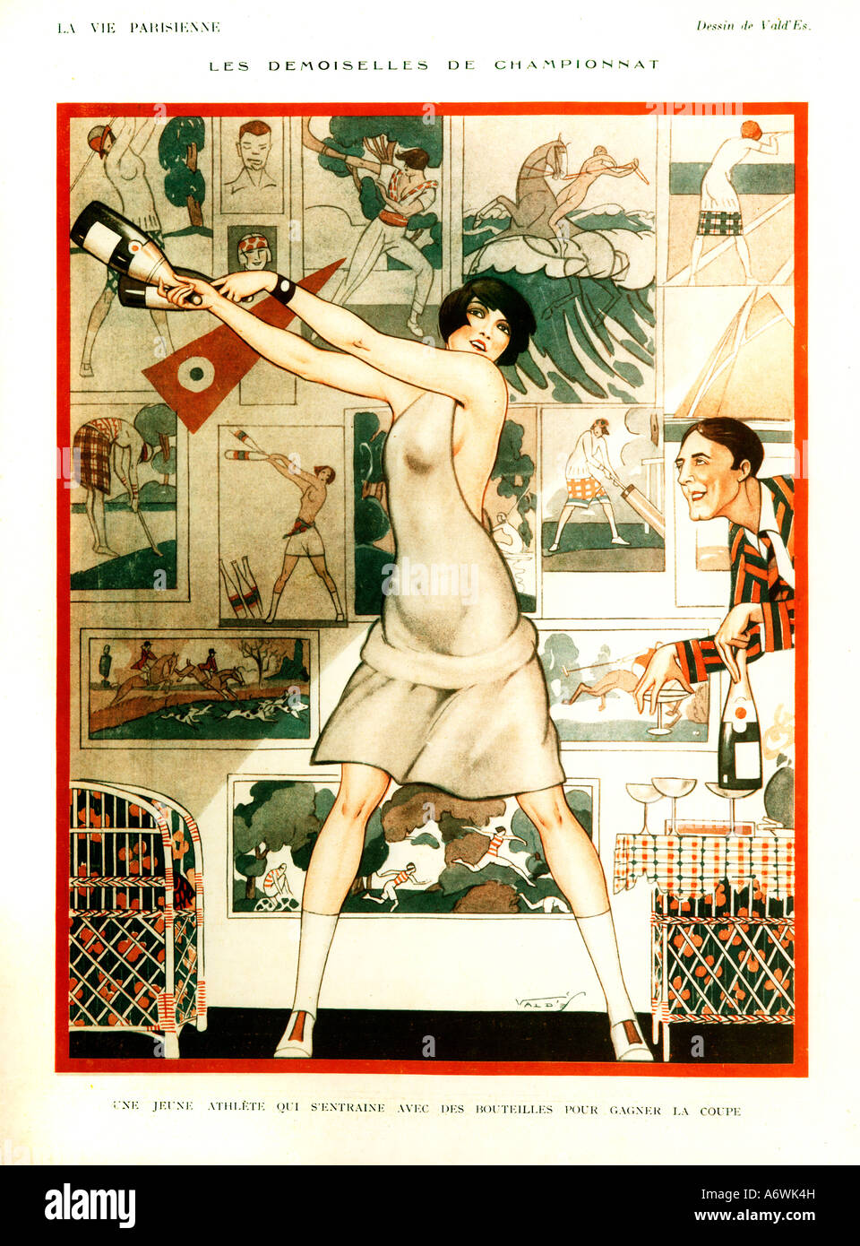 Les Demoiselles de Championnat 1920s French illustration of a young athlete training with champagne bottles Stock Photo